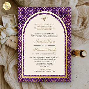 Lila marokkanisches Muster Sikh Arch Wedding Gold Folieneinladung