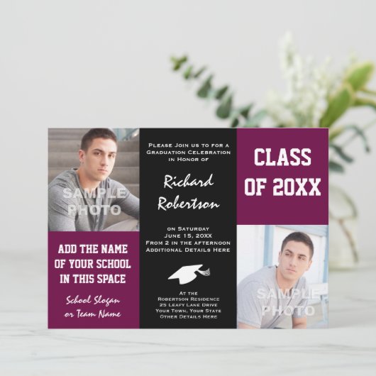 Lila Maroon und Black Custom Athlete Abschluss Einladung (Stehend Vorderseite)