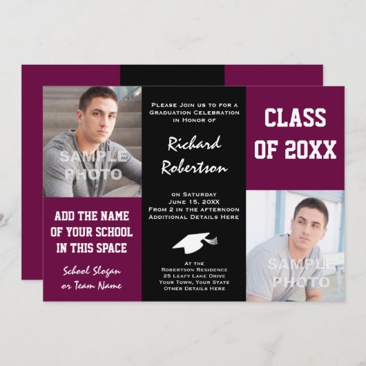 Lila Maroon und Black Custom Athlete Abschluss Einladung (Vorne/Hinten)