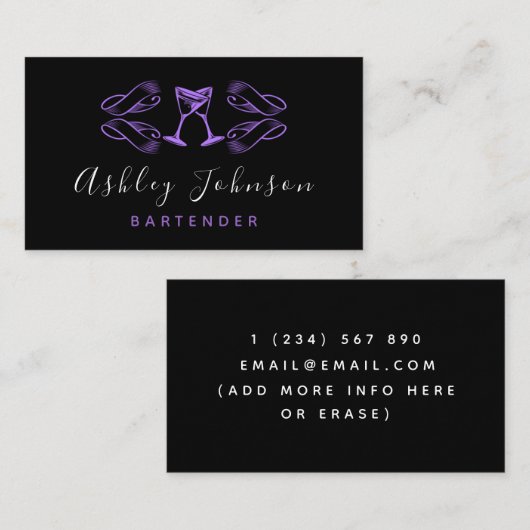 Lila Martini Glasses Night Club Bar Barkeeper Visitenkarte (Vorne/Hinten)
