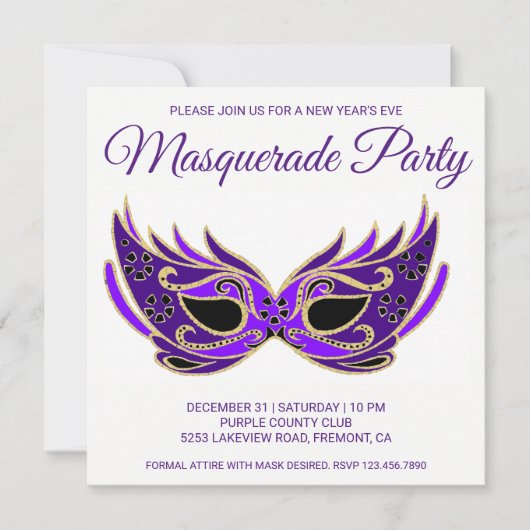 Lila Mask New Year's Eve Masquerade Party Einladun Einladung (Vorderseite)