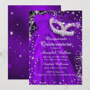 Lila Maske & Kleid Masquerade Quinceanera Einladun Einladung