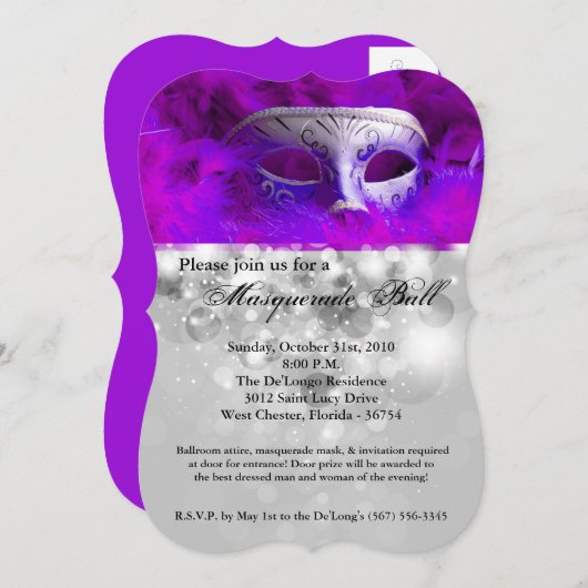 Lila Maskenball-Maskenkostüm Halloween-Teil Einladung (Vorne/Hinten)