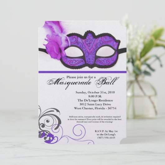 Lila Maskenball-Maskenkostüm Halloween-Teil Einladung (Stehend Vorderseite)