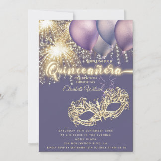 Lila Maskenschaukeln Feuerwerk Quinceañera Einladung