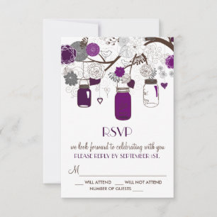 Lila Mason Gläser und Blumen Hochzeit RSVP Karte