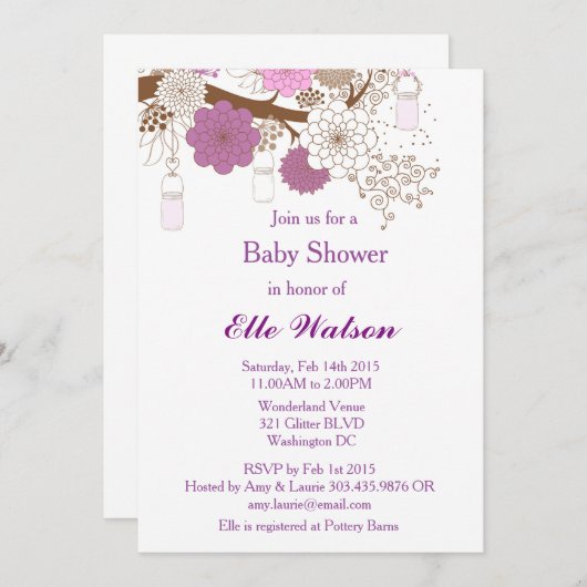 Lila Mason Jar Baby Dusche, Brautparty Einladung (Vorne/Hinten)