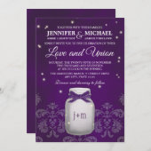 Lila Mason Jar mit Fireflies Hochzeit Einladung (Vorne/Hinten)