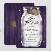 Lila Mason Jar String Lights Rustikale Holzhochzei Save The Date (Vorne/Hinten)