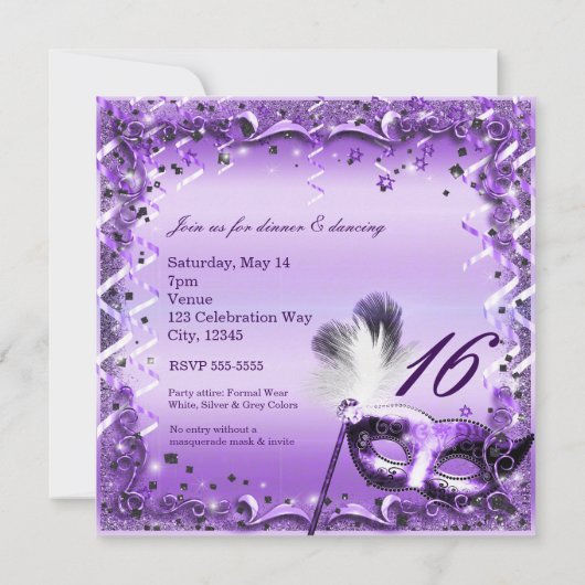 Lila Masquerade Maske Elegantes Ball Party Einladung (Rückseite)