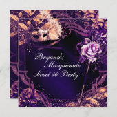 Lila Masquerade Maske & Rose Einladung (Vorne/Hinten)