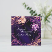 Lila Masquerade Maske & Rose Einladung (Stehend Vorderseite)