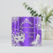 Lila Masquerade Quinceanera 15. Party Tiara Einladung (Stehend Vorderseite)