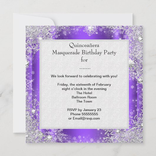 Lila Masquerade Quinceanera 15. Party Tiara Einladung (Rückseite)