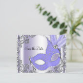 Lila Masquerade Save the Date Ankündigungspostkarte (Stehend Vorderseite)