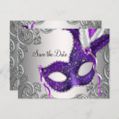 Lila Masquerade Save the Date Ankündigungspostkarte (Vorne/Hinten)