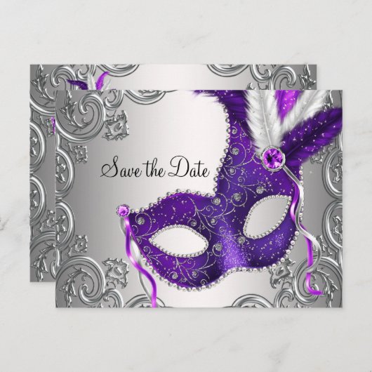 Lila Masquerade Save the Date Ankündigungspostkarte (Vorne/Hinten)