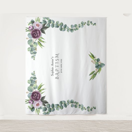 Lila Mauve Blume Eukalyptus Taufen Prop Wandteppich (Vorderseite)