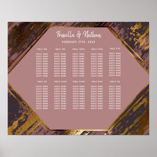 Lila Mauve Gold Pinselstrich Moderne Sitzkarte Poster (Vorne)