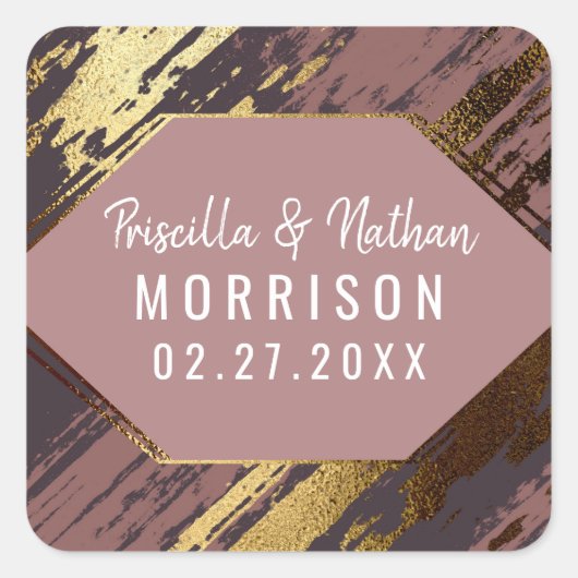 Lila Mauve Gold Pinselstriche Moderne Hochzeit Quadratischer Aufkleber (Vorderseite)