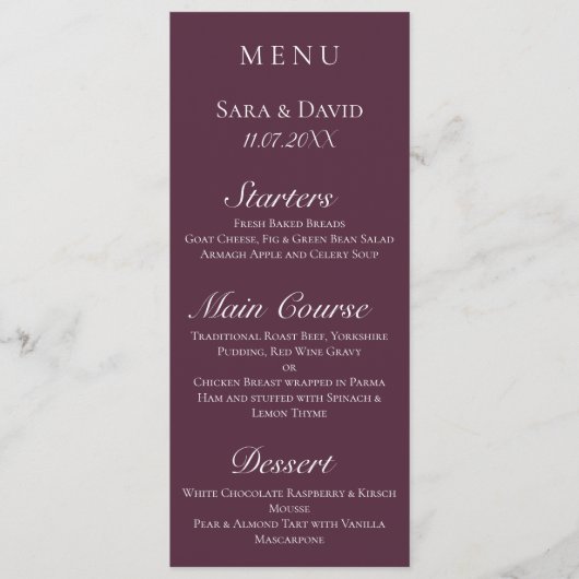 Lila Mauve Modern Dark Wedding Menu Card Menükarte (Vorderseite)