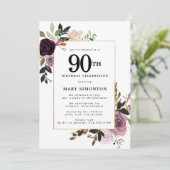 Lila Mauve Pink Floral 90. Geburtstag Einladung (Stehend Vorderseite)