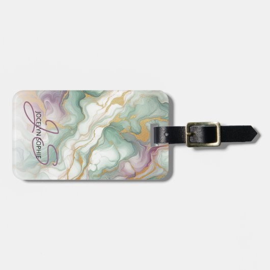 Lila Mauve Pink Green Gold Marmor Art Muster Gepäckanhänger (Vorderseite horizontal)