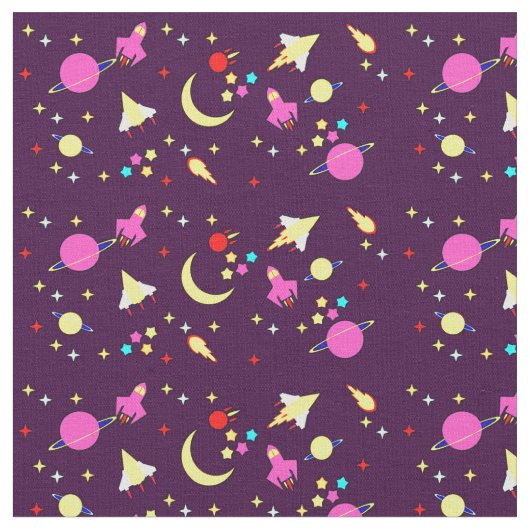 Lila Mauve Space Rocket Comet Planet Stars Moon Stoff (Nahaufnahme)