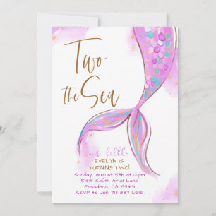 Lila Meerjungfrau-Party Zwei Meer 2. Geburtstag Einladung