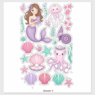 Lila Meerjungfrau & Süßer Oktopus Vinyl Aufkleber