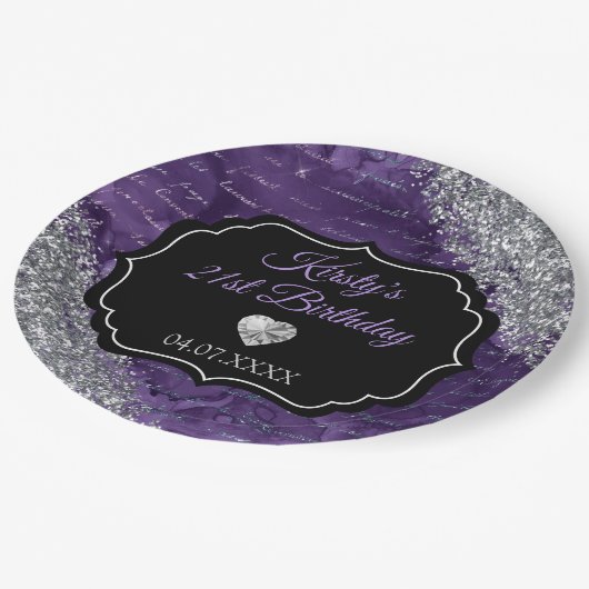 Lila Meerjungfraubriefe Silberner Glitzer Geburtst Pappteller (Schrägansicht)
