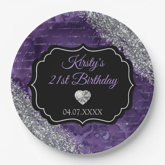 Lila Meerjungfraubriefe Silberner Glitzer Geburtst Pappteller (Vorderseite)