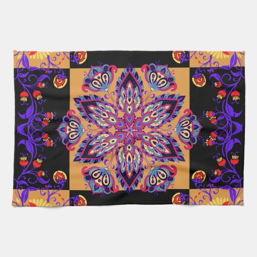 Lila Mehndi-Blumenkunst, Violettnatur Geschirrtuch (Horizontal)