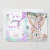 Lila Mermaid Birthday Foto Einladung (Vorderseite)