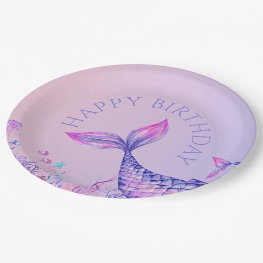 Lila Mermaid Happy Birthday Paper Plate Pappteller (Schrägansicht)