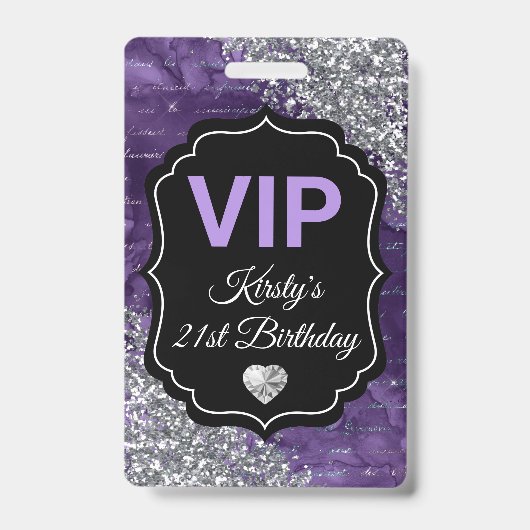 Lila Mermaid Letters Silver Glitzer Geburtstag VIP Ausweis (Vorderseite)