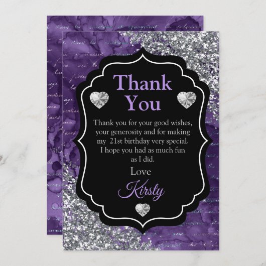 Lila Mermaid Letters Silver Glitzer Vielen Dank Dankeskarte (Vorne/Hinten)