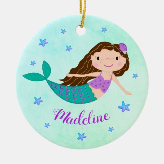 Lila Mermaid-Name Personalisiert Keramik Ornament (Vorne)