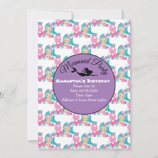 Lila Mermaid-Party Rosa Einladung (Vorderseite)