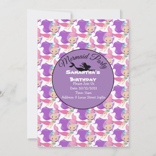 Lila Mermaid-Party Rosa Einladung (Vorderseite)