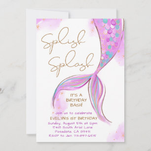 Lila Mermaid Splish Splash Girl Geburtstag Einladung
