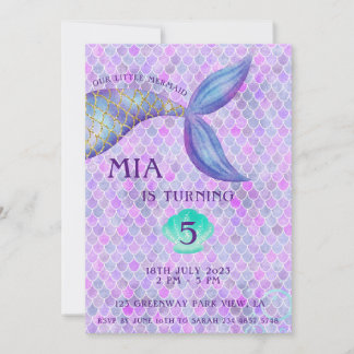 Lila Mermaid Themed Girl Geburtstagsaufenthalt Einladung