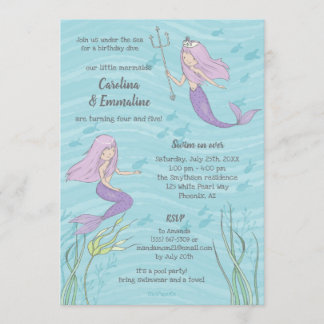 Lila Mermaid Twins oder Schwestern Geburtstag Einladung