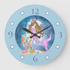 Lila Mermaid Wasserfarbe Große Acrylwand Uhr