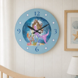 Lila Mermaid Wasserfarbe Große Acrylwand Uhr