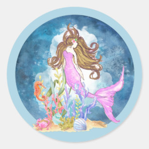 Lila Mermaid Watercolor Globe Runder Aufkleber