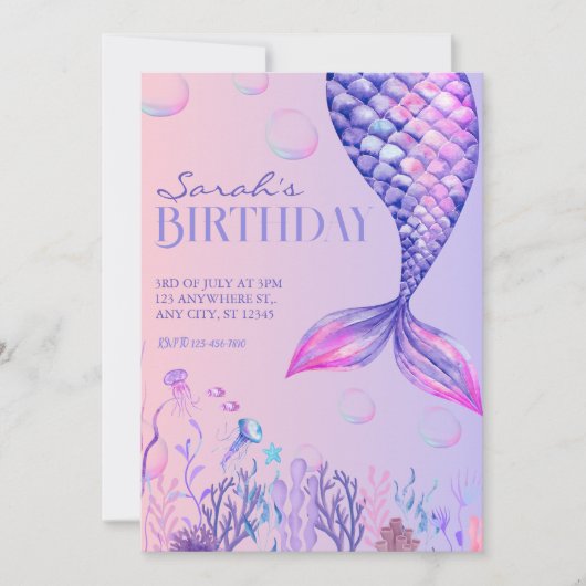 Lila Mermaid zum Geburtstag Einladung (Vorderseite)