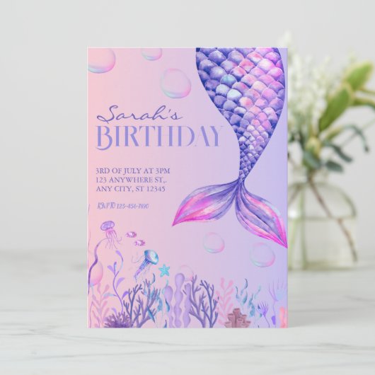 Lila Mermaid zum Geburtstag Einladung (Stehend Vorderseite)