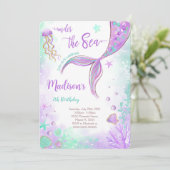 Lila Mermaid zum Geburtstag Einladung (Stehend Vorderseite)