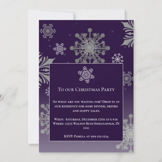 Lila Merry und Bright Schneeflocken Weihnachten Pa Einladung (Rückseite)